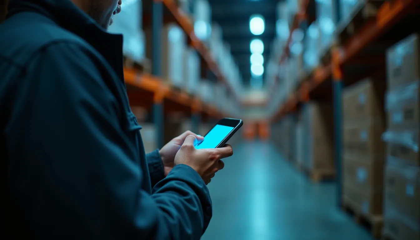 Gerente comercial no corredor do estoque conferindo um alerta no celular